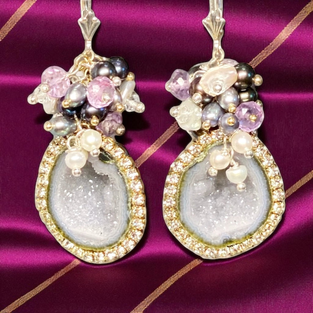 Grey Tabasco Geode Earrings with Diamond Look Austrian Crystals and Amethyst Pearl Clusters