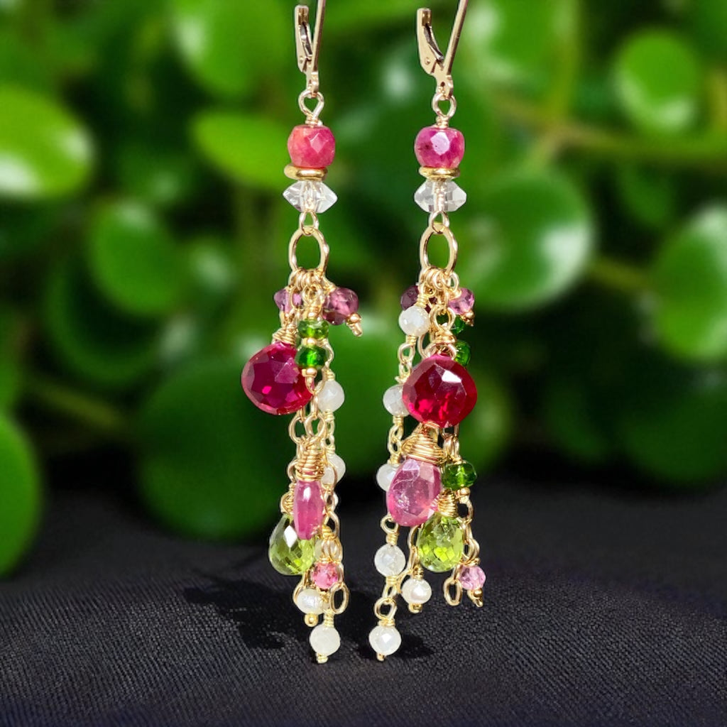Gemstone Dangle Earrings - Pink Sapphire, Peridot, Ruby, Gold