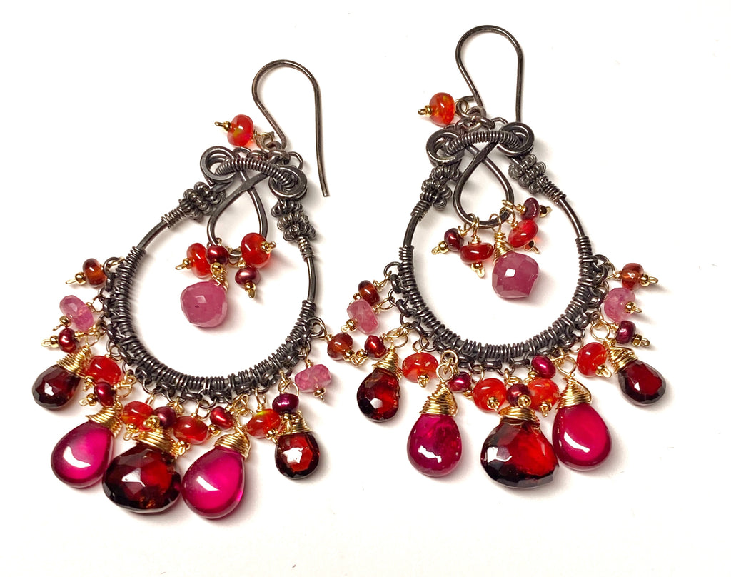 Red Gemstone Statement Chandelier Earrings, Garnet, Sapphire, Mixed Metal, Oxidized Silver