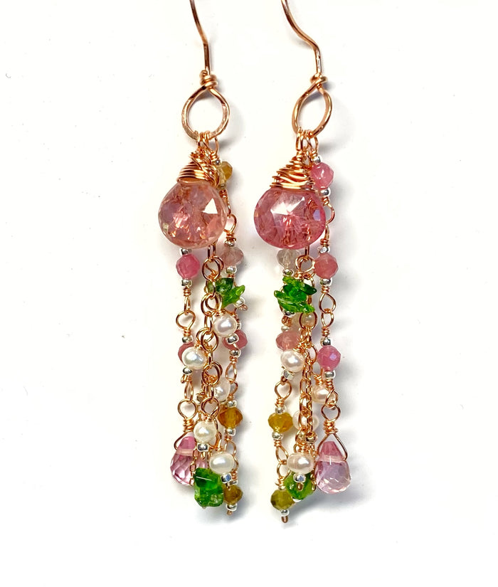 Pink Tourmaline Gemstone Rose Gold Long Dangle Earrings 2