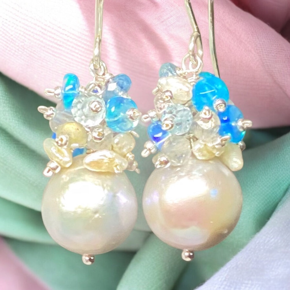 Silver Pearl Cluster Earrings with Blue Opal, Keishi Pearls, Aquamarine in Sterling Silver