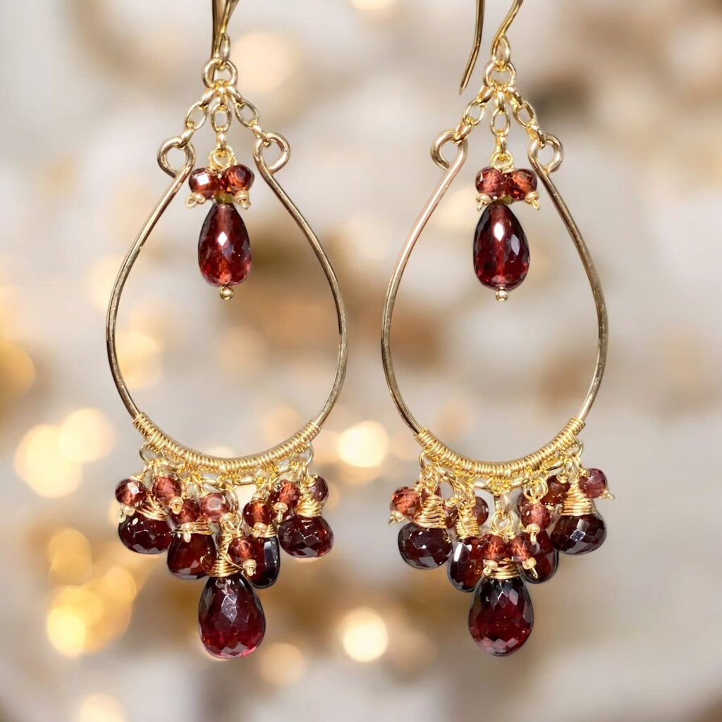 Red Garnet Chandelier Earrings Gold Fill