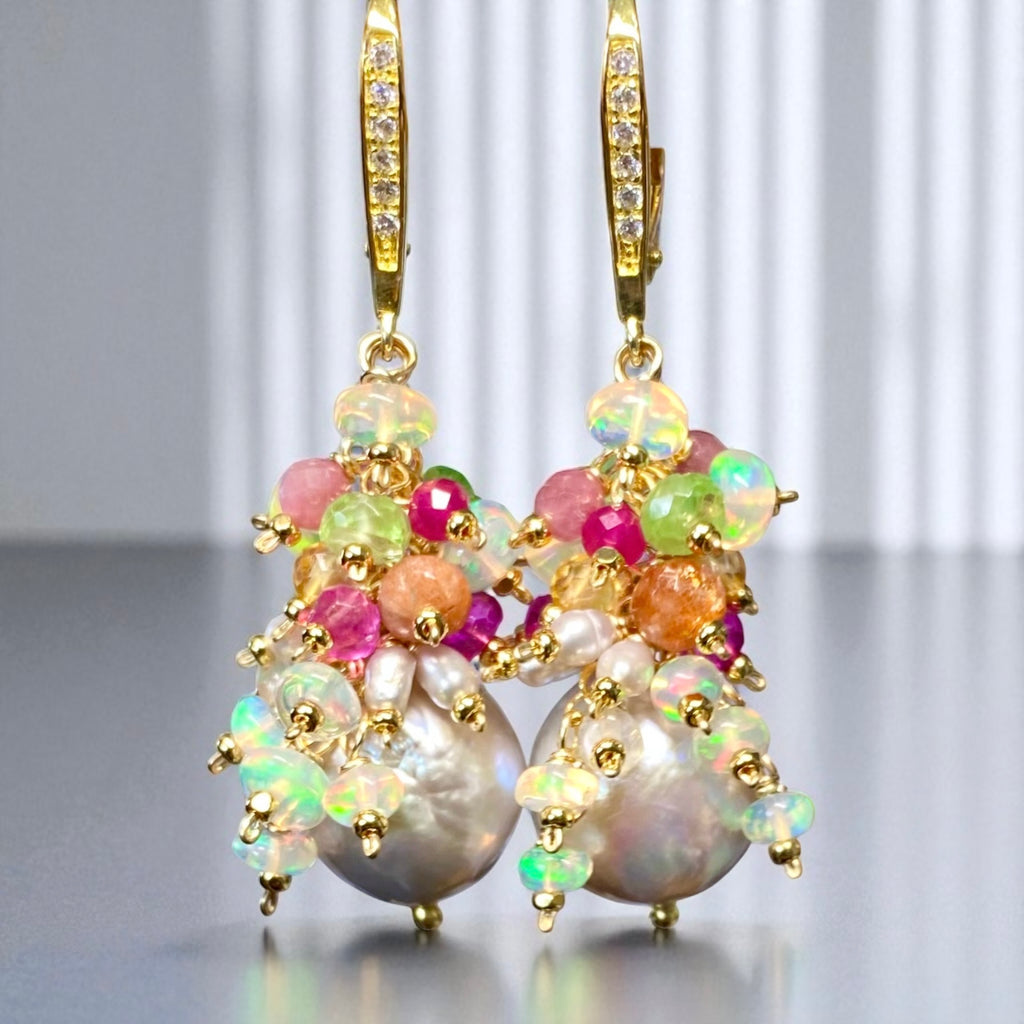 Silver Edison Pearl Multicolor Gemstone Cluster Earrings Gold Fill