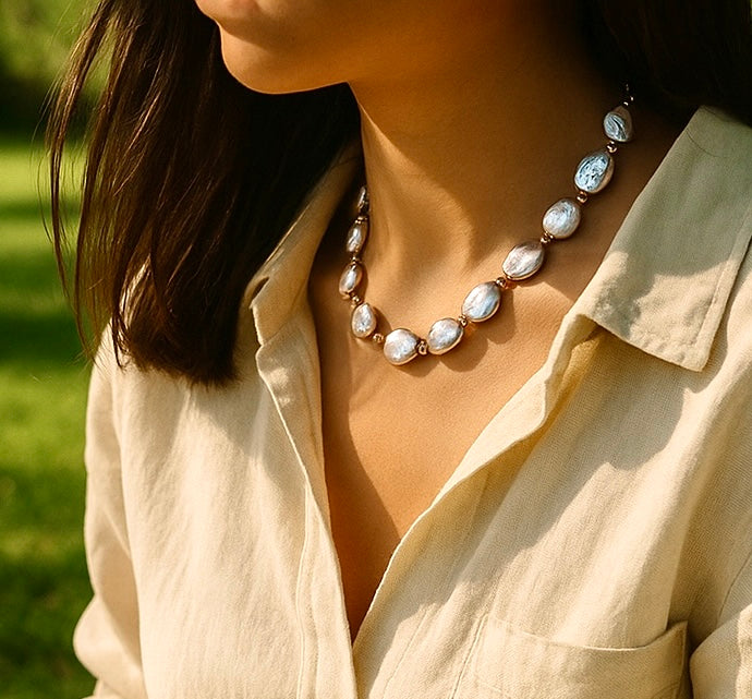 Statement Coin Pearl Necklace with Keishi Pearls, Silk Knotted