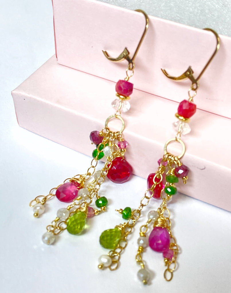 Gemstone Dangle Earrings - Pink Sapphire, Peridot, Ruby, Gold