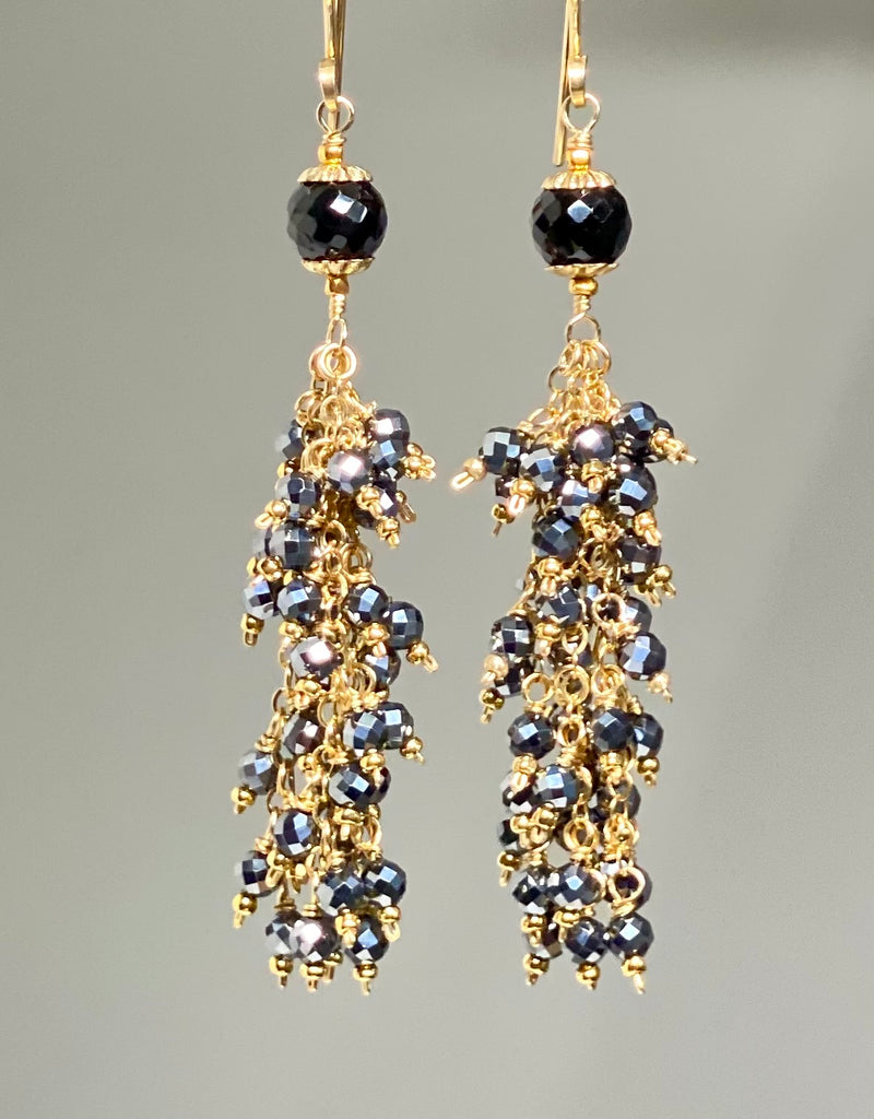 Sparkly Long Black Tassel Earrings Gold Fill