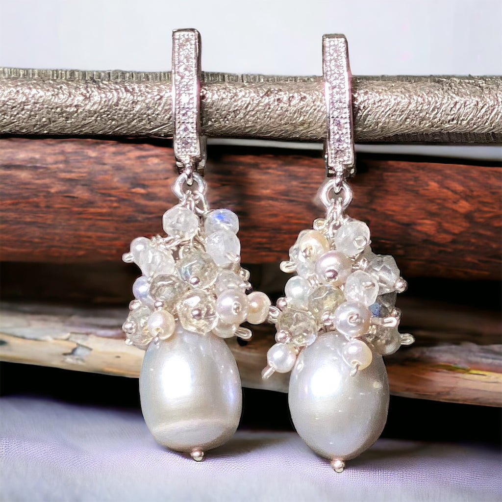 Gray Pearl Labradorite Cluster Earrings Sterling Silver