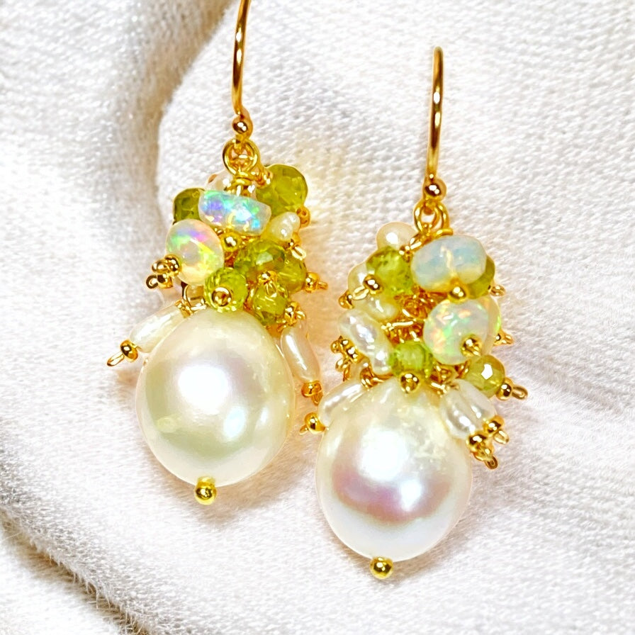 Peridot, Opal, Pearl Cluster Earrings Gold Fill 2