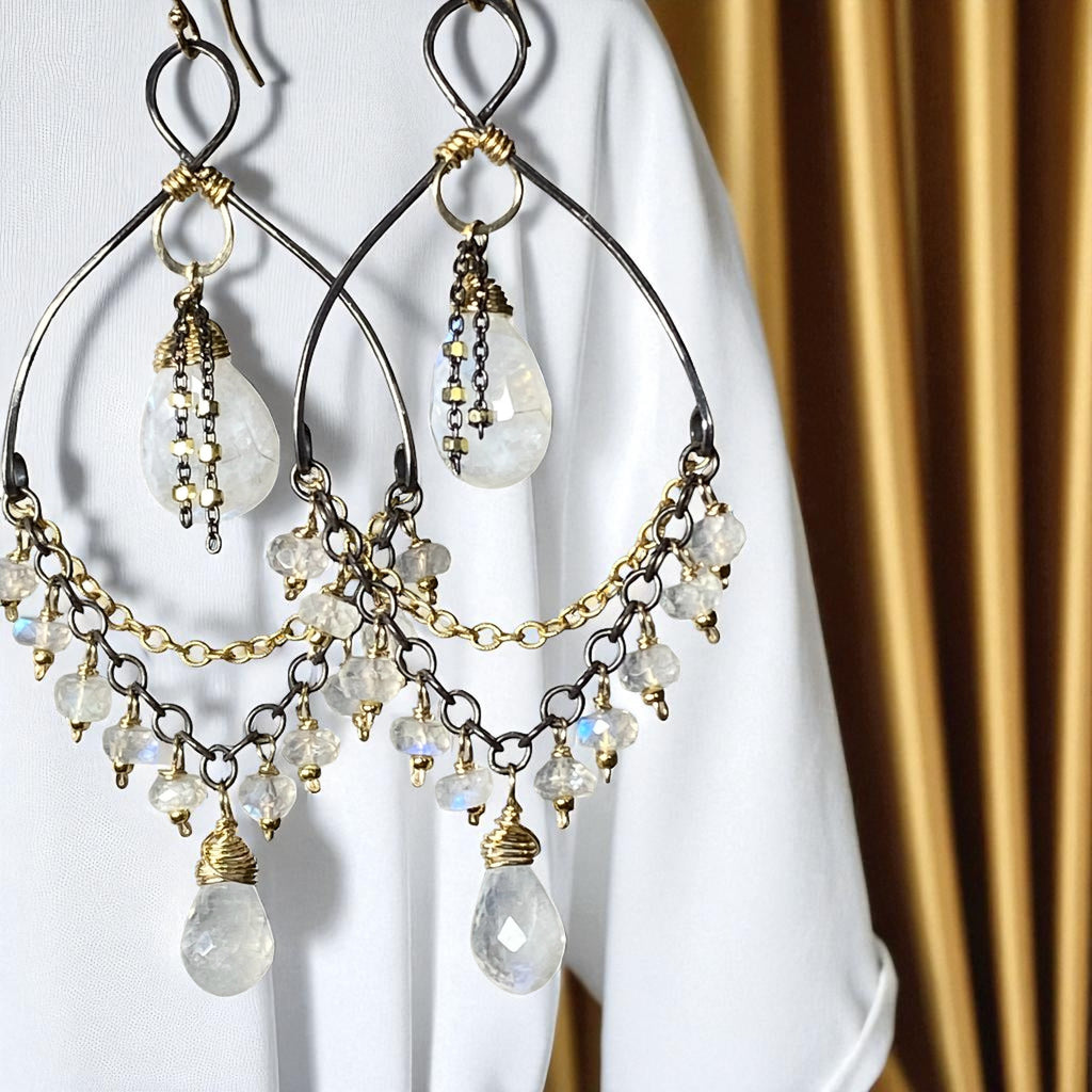 Rainbow Moonstone Mixed Metal Chandelier Earrings Beaded Statement Earrings