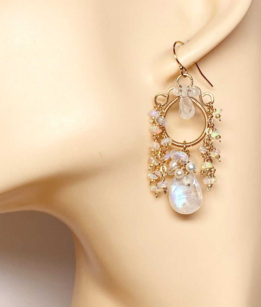 Rainbow Moonstone Opal Statement Rose Gold Chandelier Earrings Boho Bridal 2