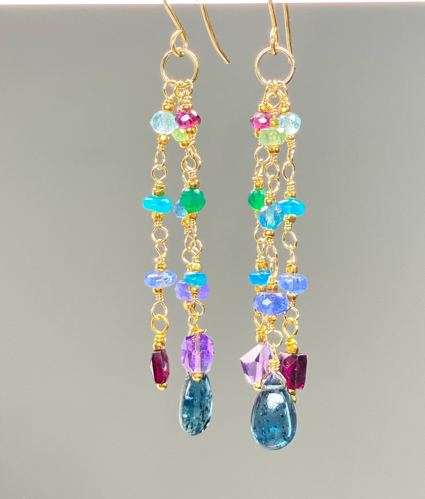 Teal Kyanite, Multi Gemstone Gold Fill Long Dangle Earrings