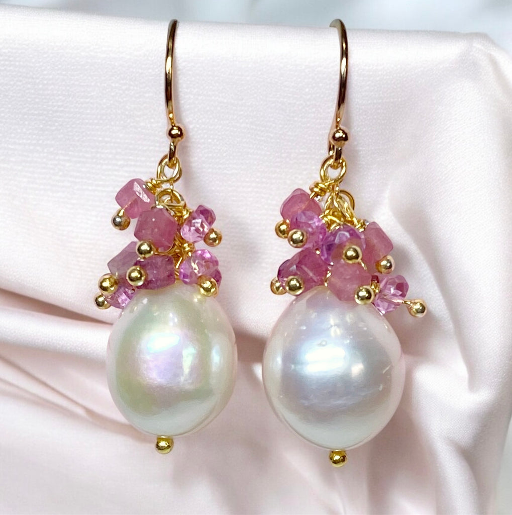 Pearl Cluster Earrings with Pink Tourmaline, Pink Topaz, Gold Fill or Sterling Silver