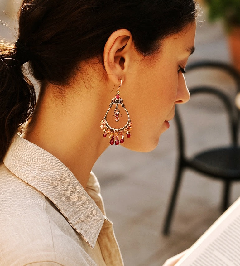 Red Gemstone Statement Chandelier Earrings, Garnet, Sapphire, Mixed Metal, Oxidized Silver