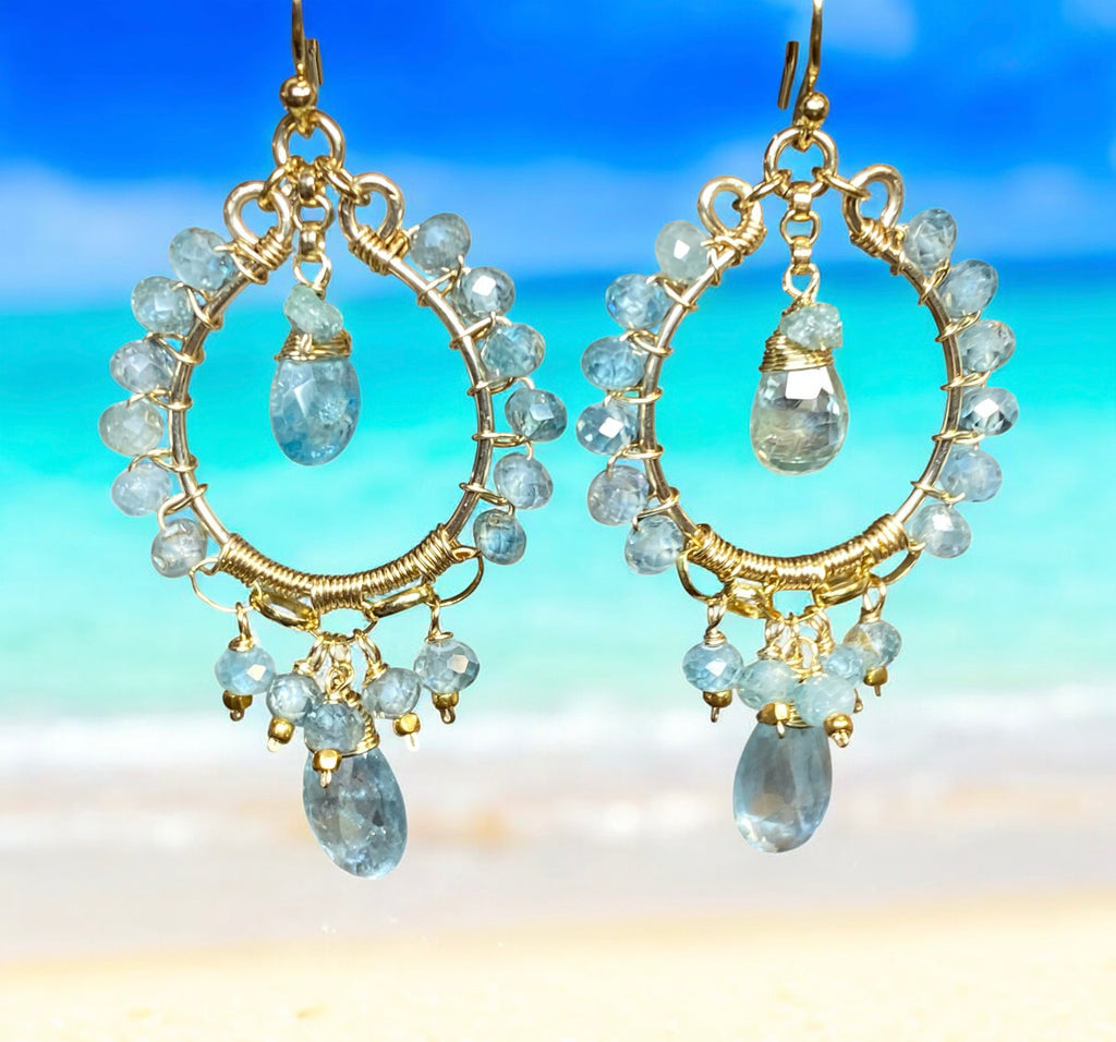 Natural Blue Zircon, Aquamarine Gemstone Chandelier Hoop Earrings Gold Fill