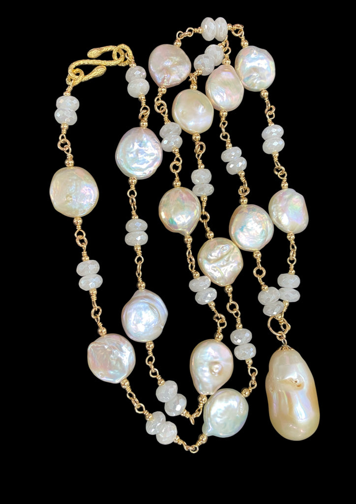 Blush Baroque Pearl Mystic Moonstone Long Sautoir Rosary Necklace Gold Fill