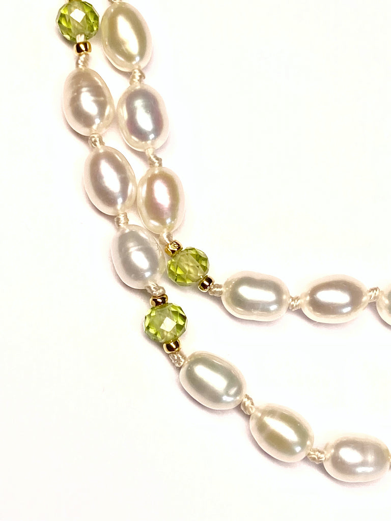 Peridot Gemstone and Pearl Pendant Necklace on 14 kt Gold Fill