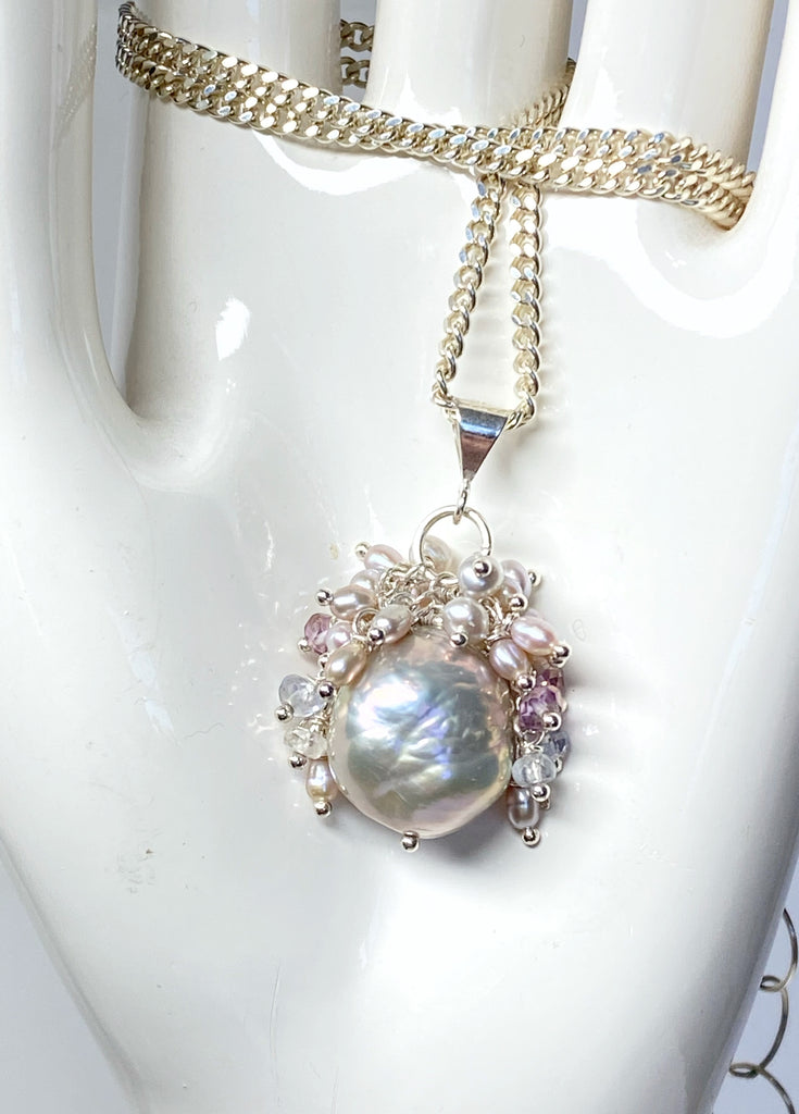 Silver Grey Baroque Pearl Cluster Pendant in Sterling Silver