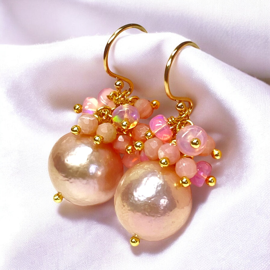 Pink Blush Pearl Pink Opal Cluster Earrings Gold Fill