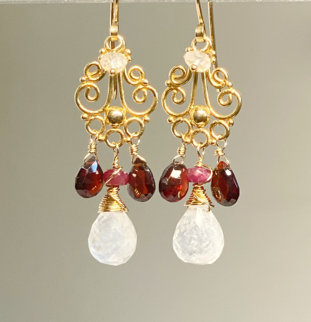 Garnet and Rainbow Moonstone Gold Chandelier Earrings