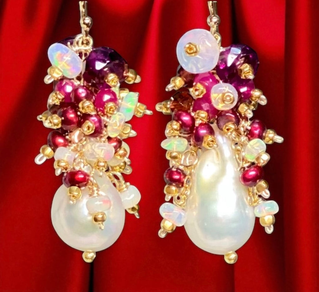 Baroque Pearl Earrings with Rubies, Garnets and Fiery AAA Ethiopian Opals 2