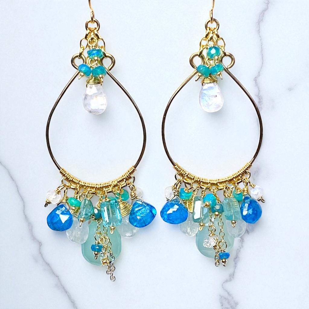 Aqua and Moonstone Statement Hoop Chandelier Earrings Gold