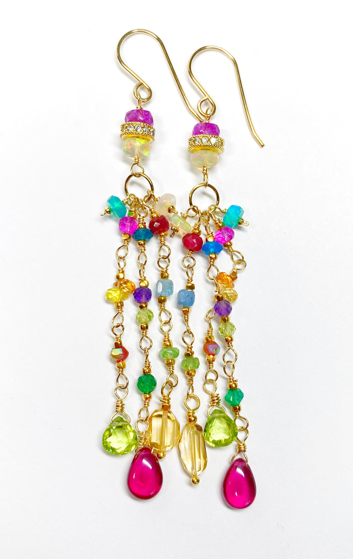 Multi Gemstone Gold Fill Long Dangle Earrings with Peridot, Citrine, Rubellite