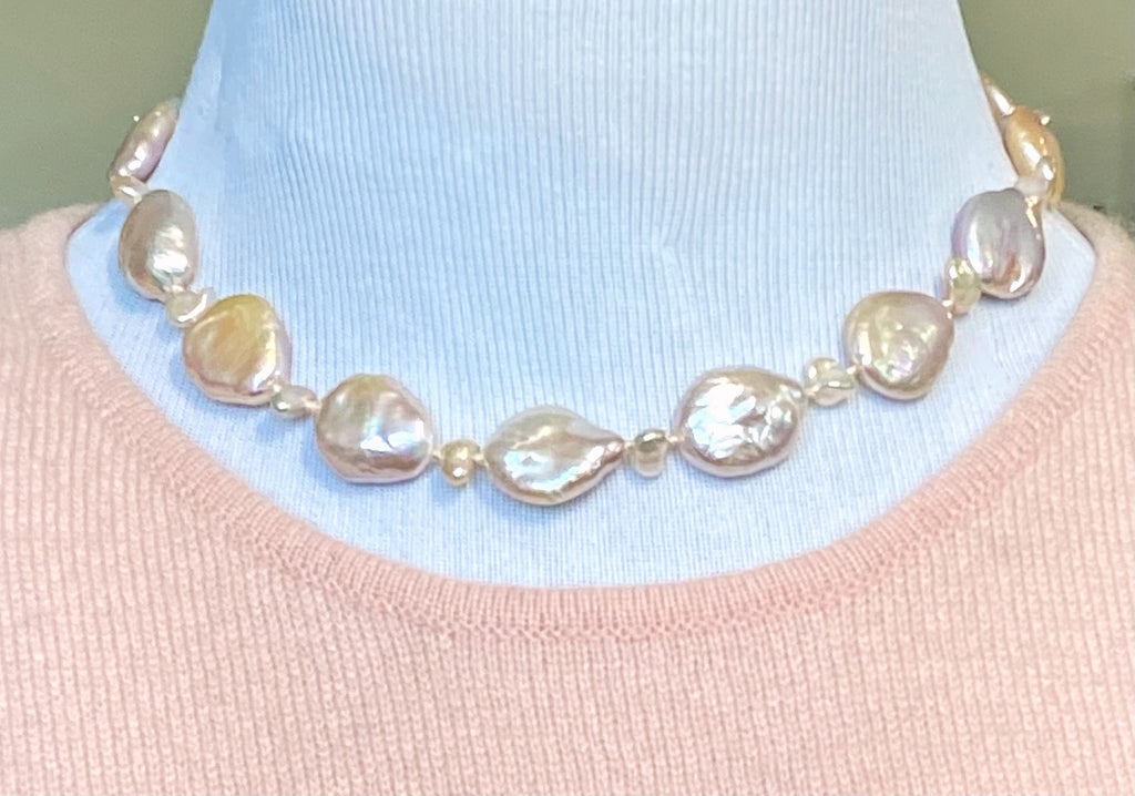 Statement Coin Pearl Necklace with Keishi Pearls, Silk Knotted