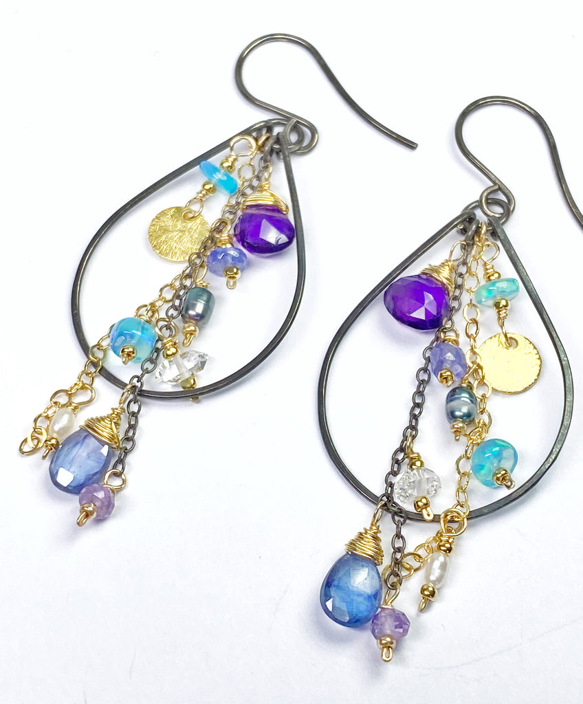 Amethyst, Blue Kyanite Mixed Metal Hoop Earrings, Black Gold