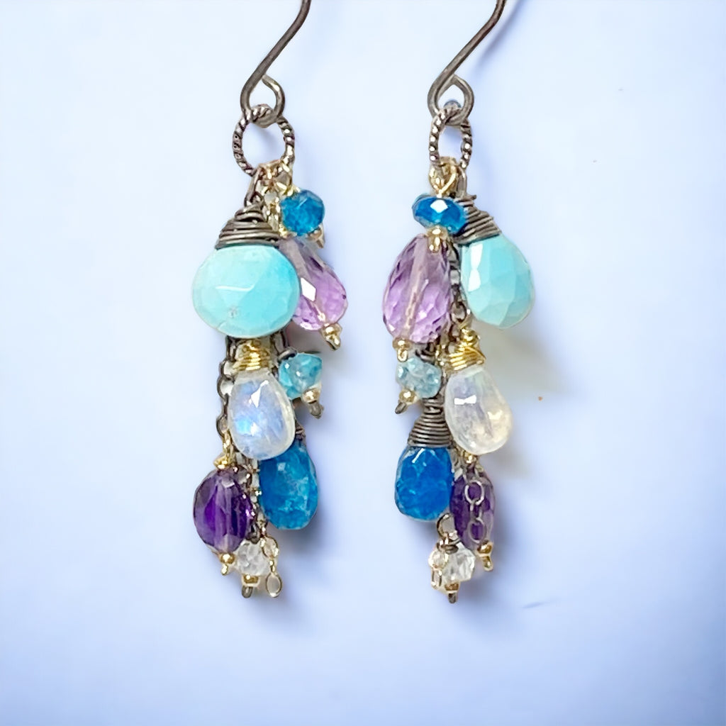 Sleeping Beauty Turquoise Dangle Earrings with Moonstone, Amethyst in Mixed Metals