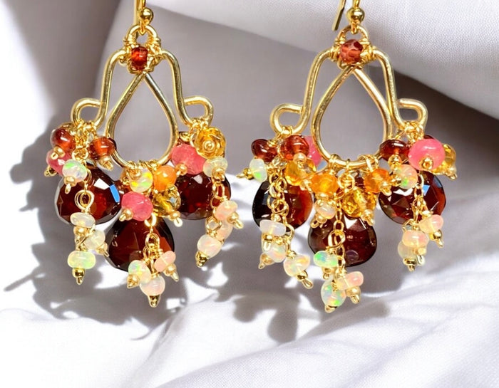 Red Garnet Chandelier Earrings Opal Dangle Gold Fill