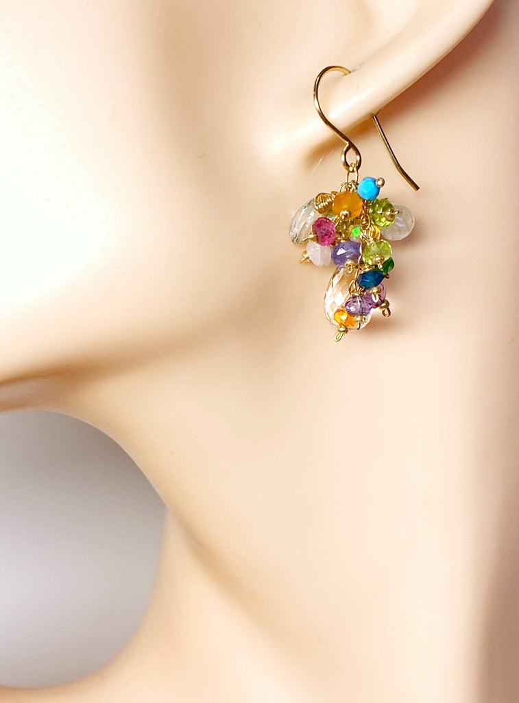 Crystal Quartz Dangle Earrings with Multi Gemstone Cluster 5