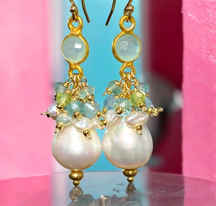 Pearl Cluster Earrings with Peridot, Aquamarine, Apatite in Gold