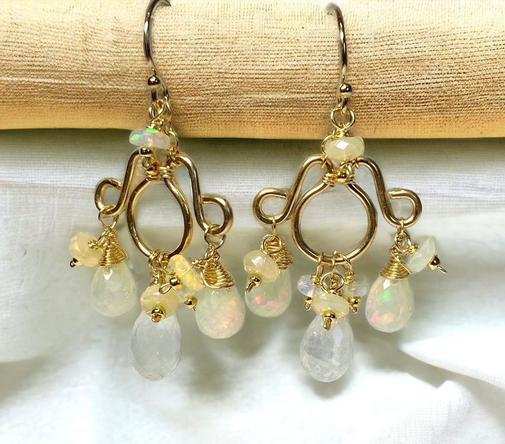 Ethiopian Opal and Moonstone Gemstone Chandelier Earrings Statement Gold Fill