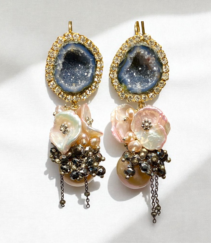 Pink Edison Pearl Cluster Earrings with Keishi and Black Geodes