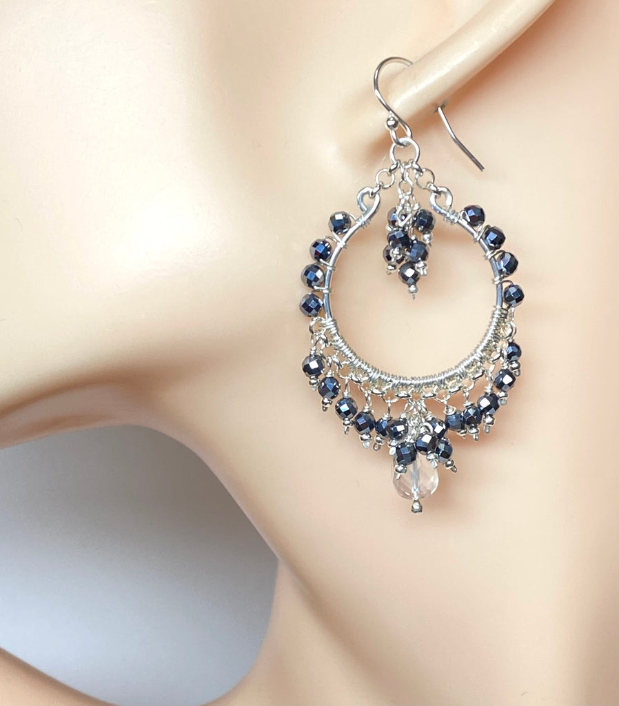 Black Gemstone Chandelier Hoop Earrings Sterling Silver 2