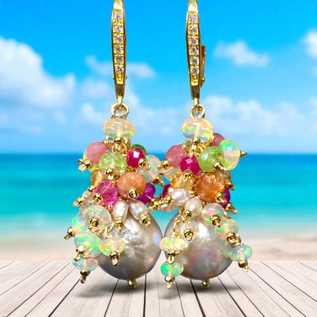 Silver Edison Pearl Multicolor Gemstone Cluster Earrings Gold Fill