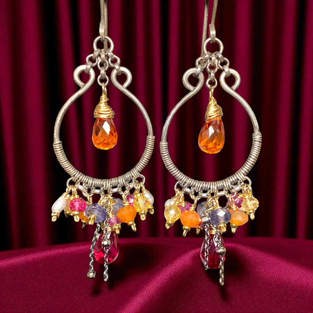 Multi Gemstone Mixed Metal Hoop Chandelier Earrings