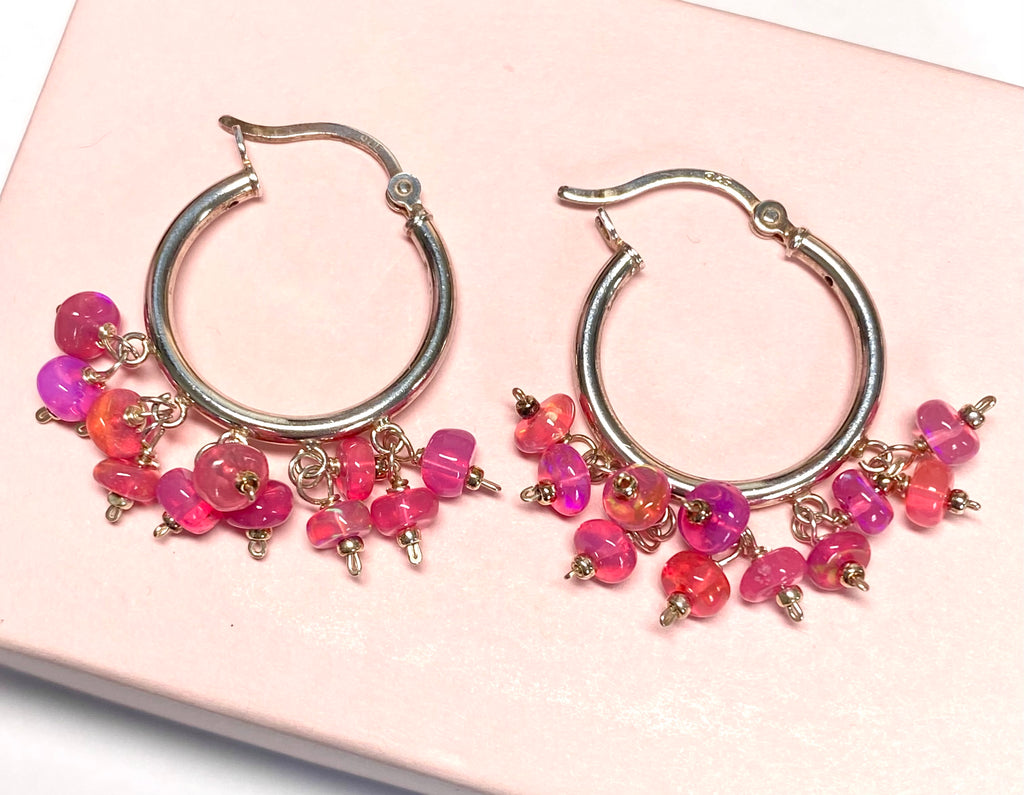 Sterling Silver Hoop Earrings with Hot Pink Ethiopian Opals