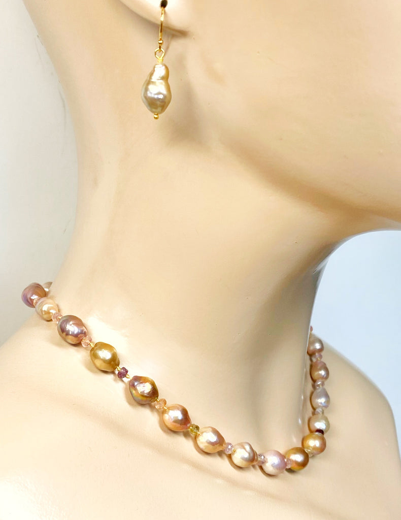 Baroque Metallic Pearl Necklace with Spinel Gemstones, Silk Knotted, Gold Fill