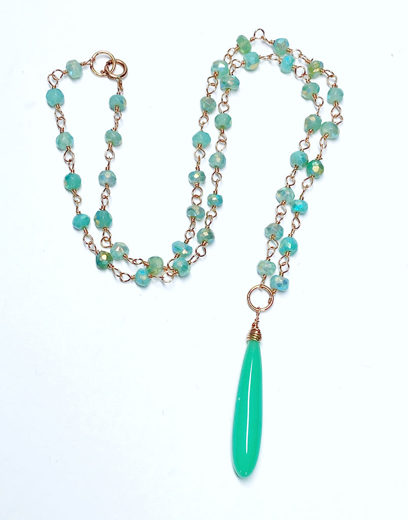 Green Chrysoprase, Rose Gold Wire Wrapped Pendant Necklace