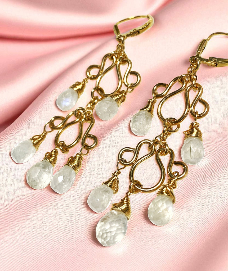 Rainbow Moonstone Gemstone Chandelier Earrings Gold Fill
