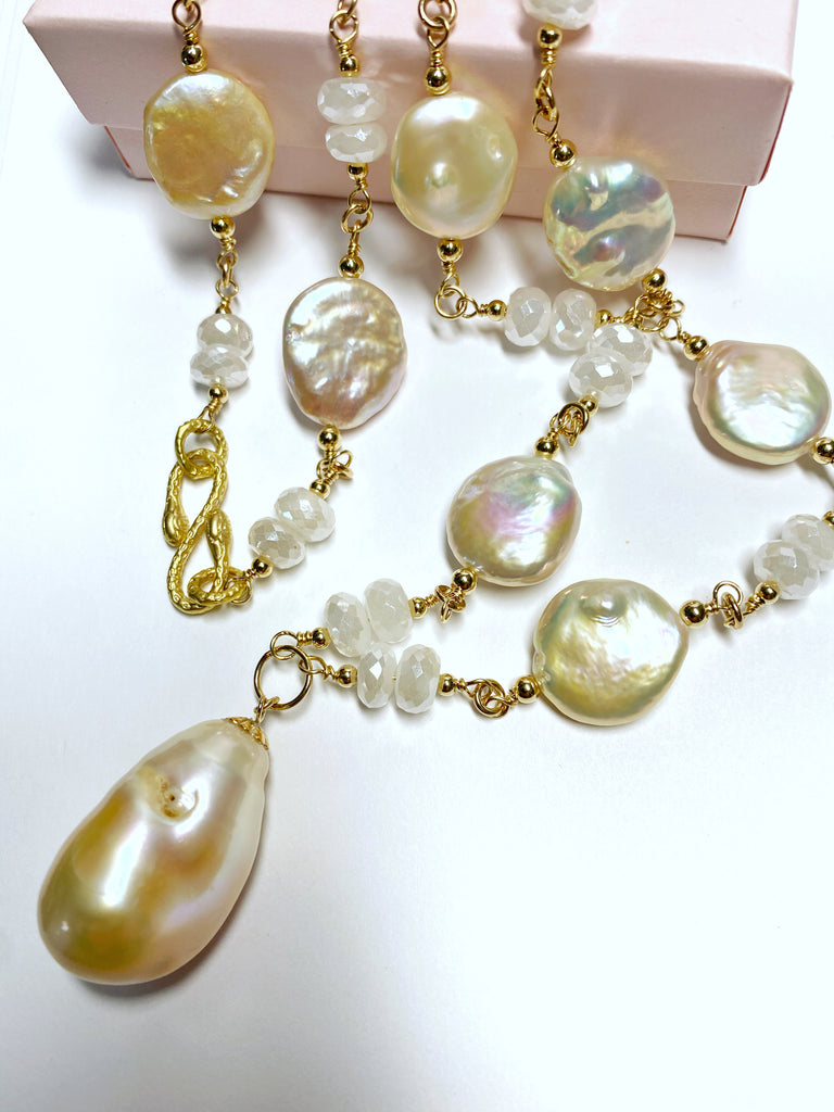 Blush Baroque Pearl Mystic Moonstone Long Sautoir Rosary Necklace Gold Fill