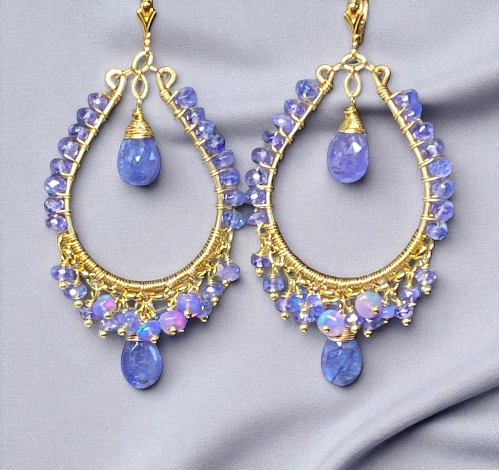 Tanzanite and Opal Hoop Earrings in Gold Fill