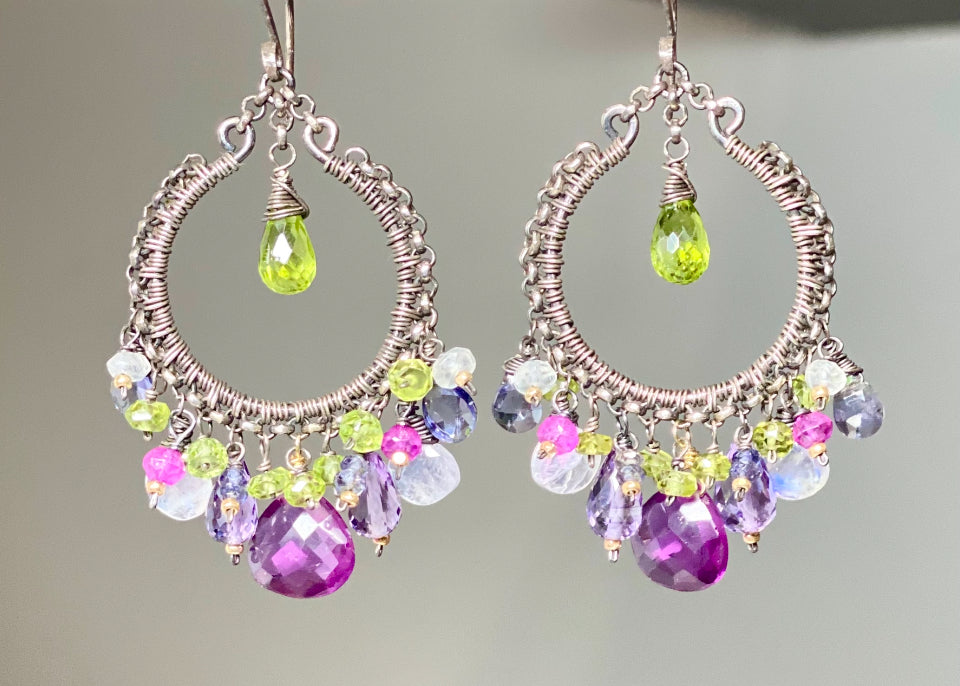 Multi Gemstone Chandelier Hoop Earrings - Peridot Lavender Violet