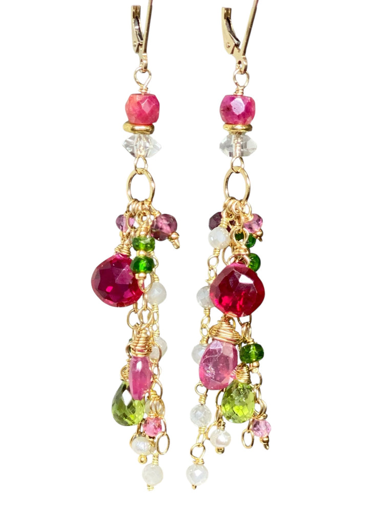 Gemstone Dangle Earrings - Pink Sapphire, Peridot, Ruby, Gold