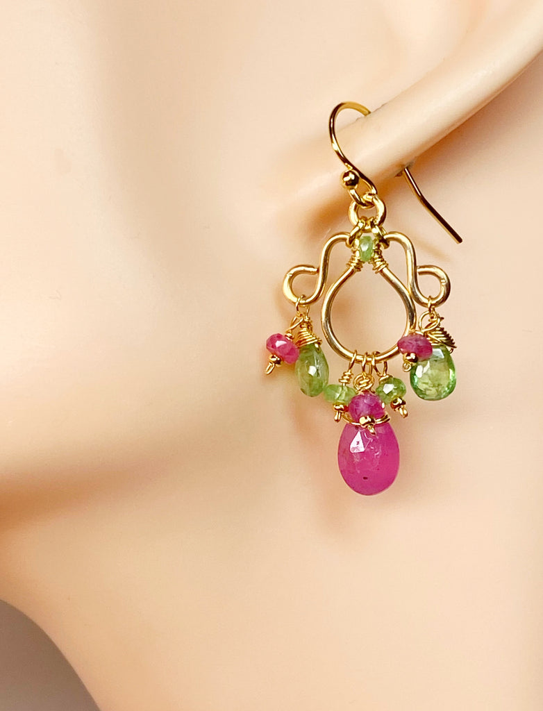 Tsavorite Garnet, Pink Sapphire Gold Fill Chandelier Earrings - Pink, Green Gemstones