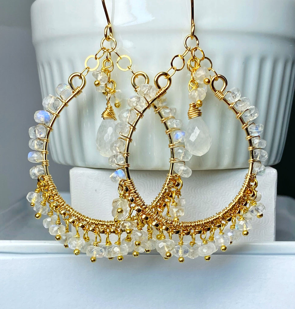 Rainbow Moonstone Gold Hoop Chandelier Earrings 3