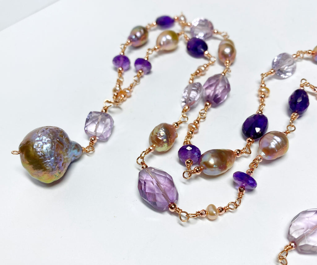 Long Amethyst Gem Stone and Baroque Pearl Necklace in Rose Gold