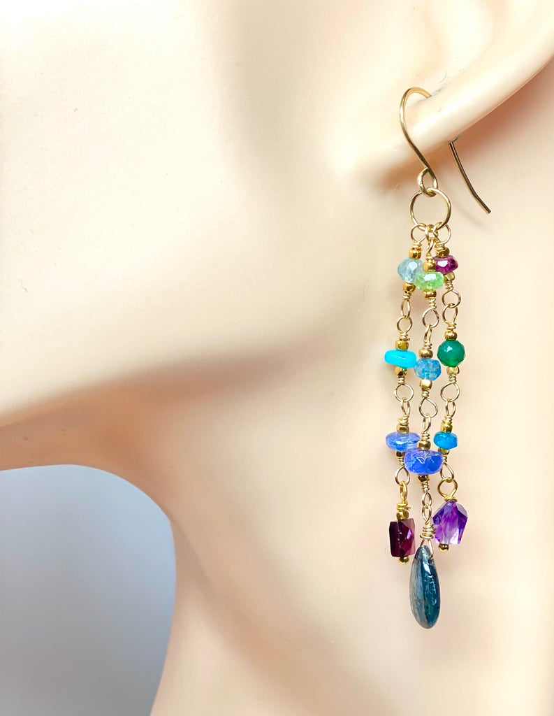 Teal Kyanite, Multi Gemstone Gold Fill Long Dangle Earrings
