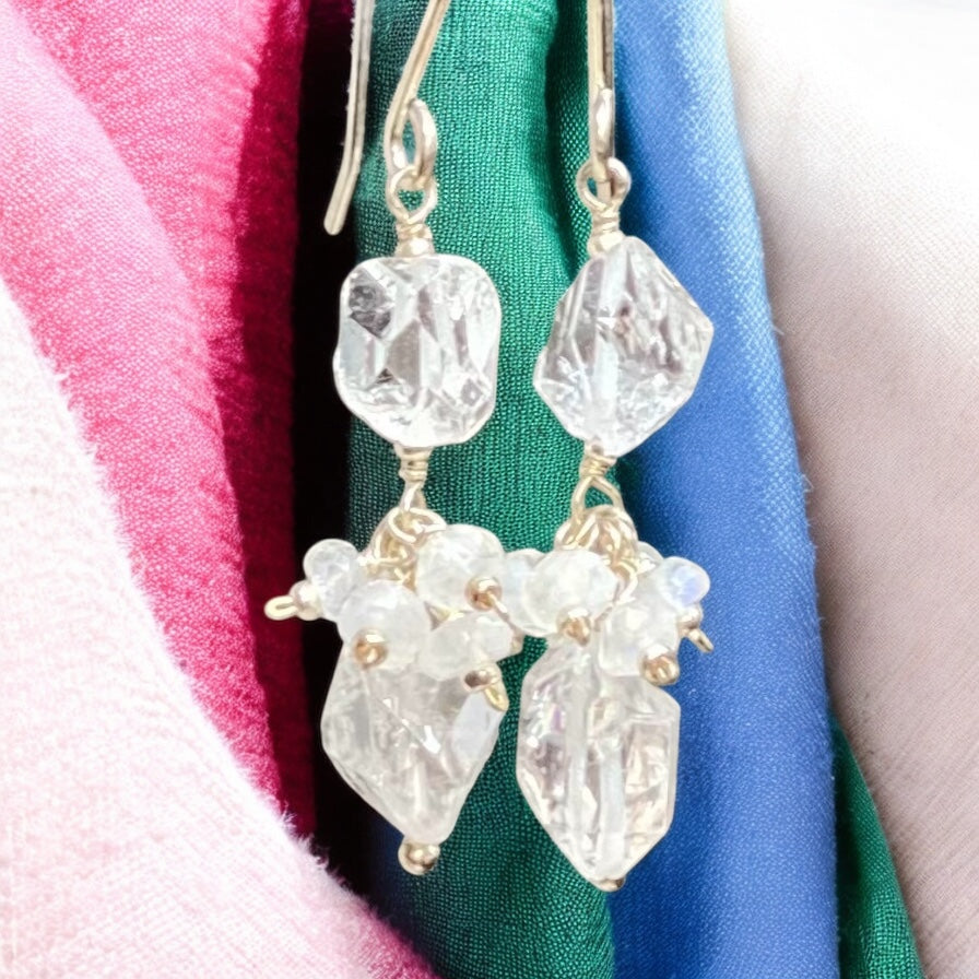 Herkimer Diamond Crystal Quartz, Moonstone and Sterling Silver Dangle Earrings
